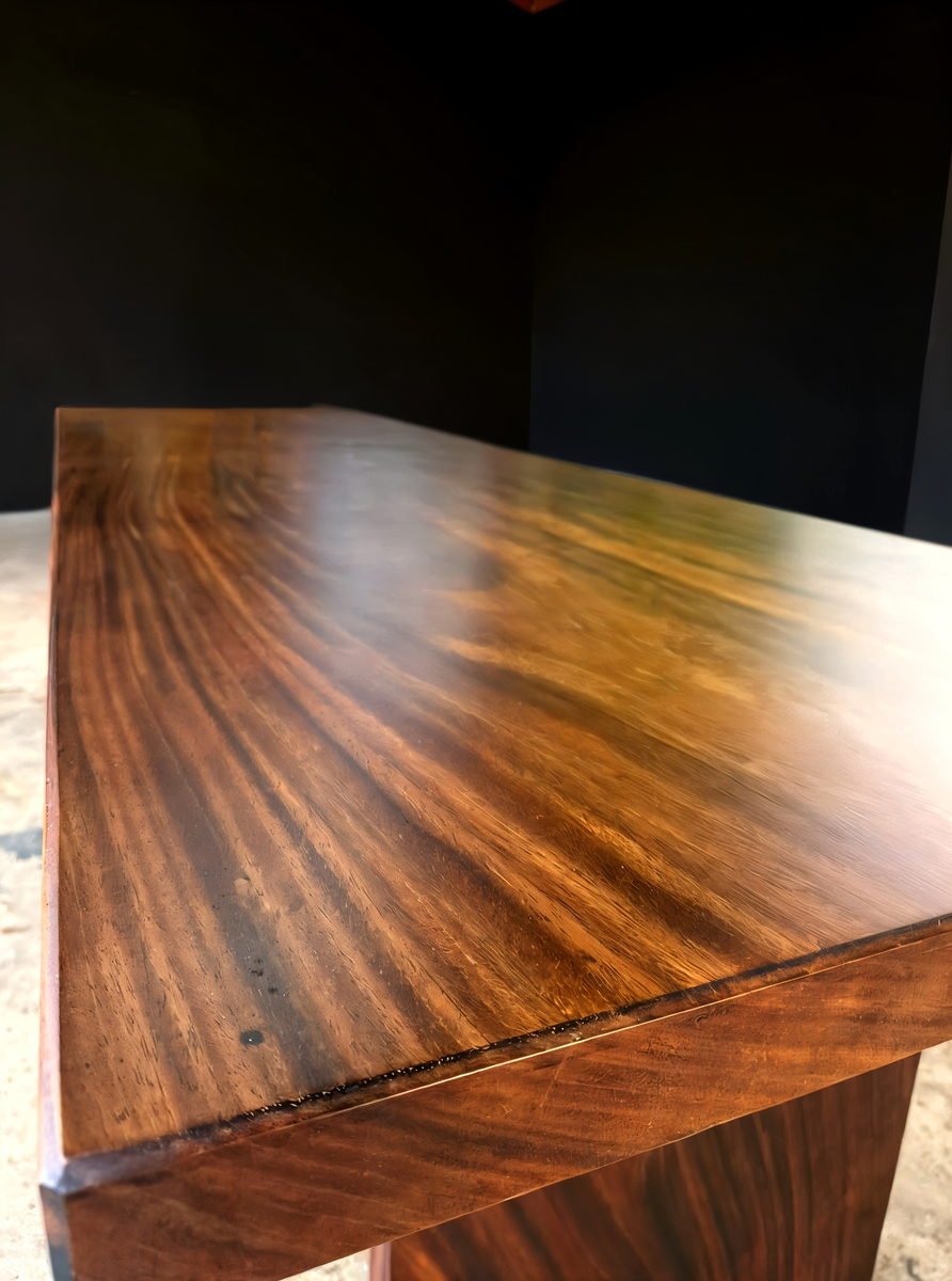 Merbau slab table top showing the full length of one board