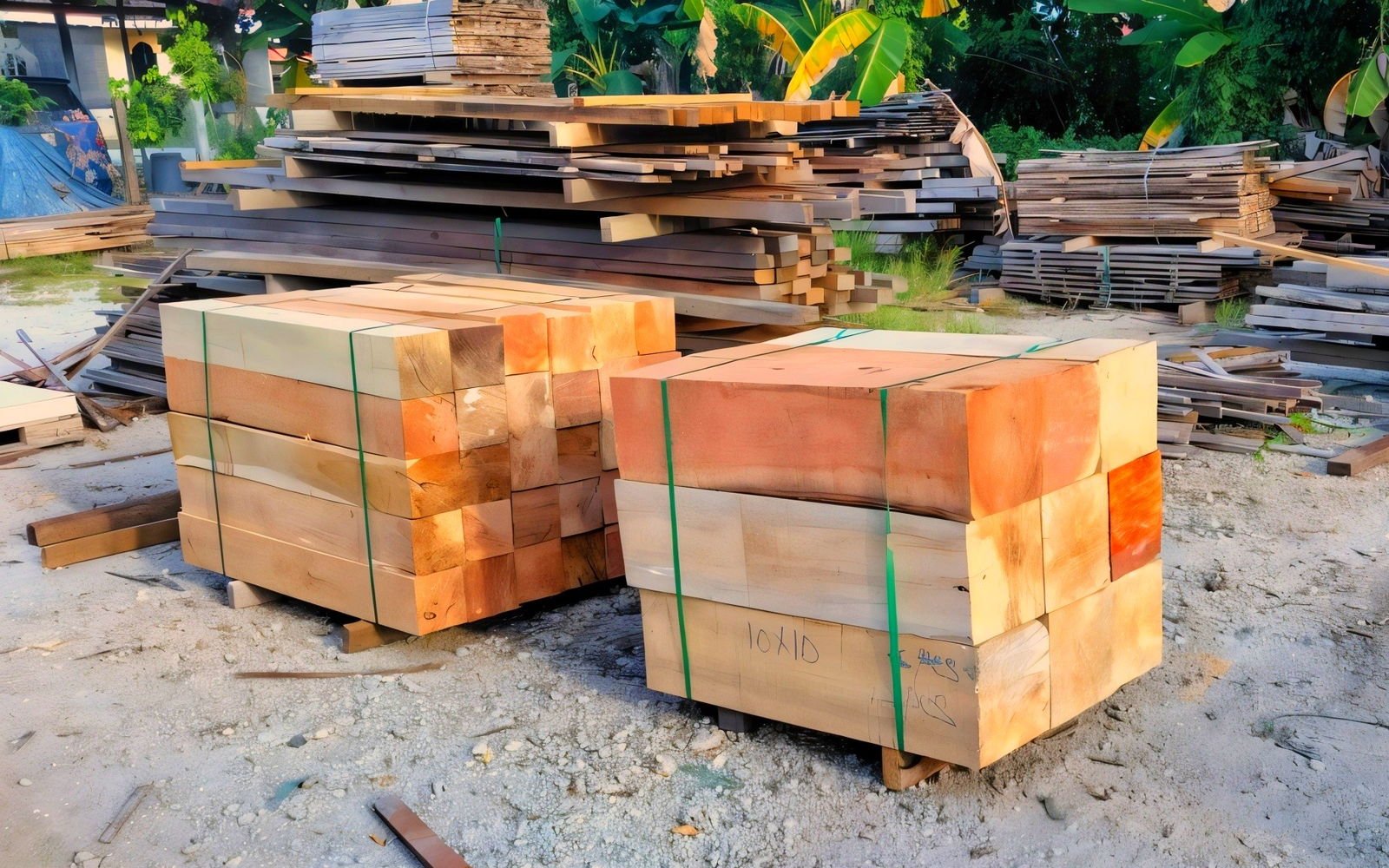 Banded bundles of sawn hardwood billets on the ground at the Hang Soon yard
