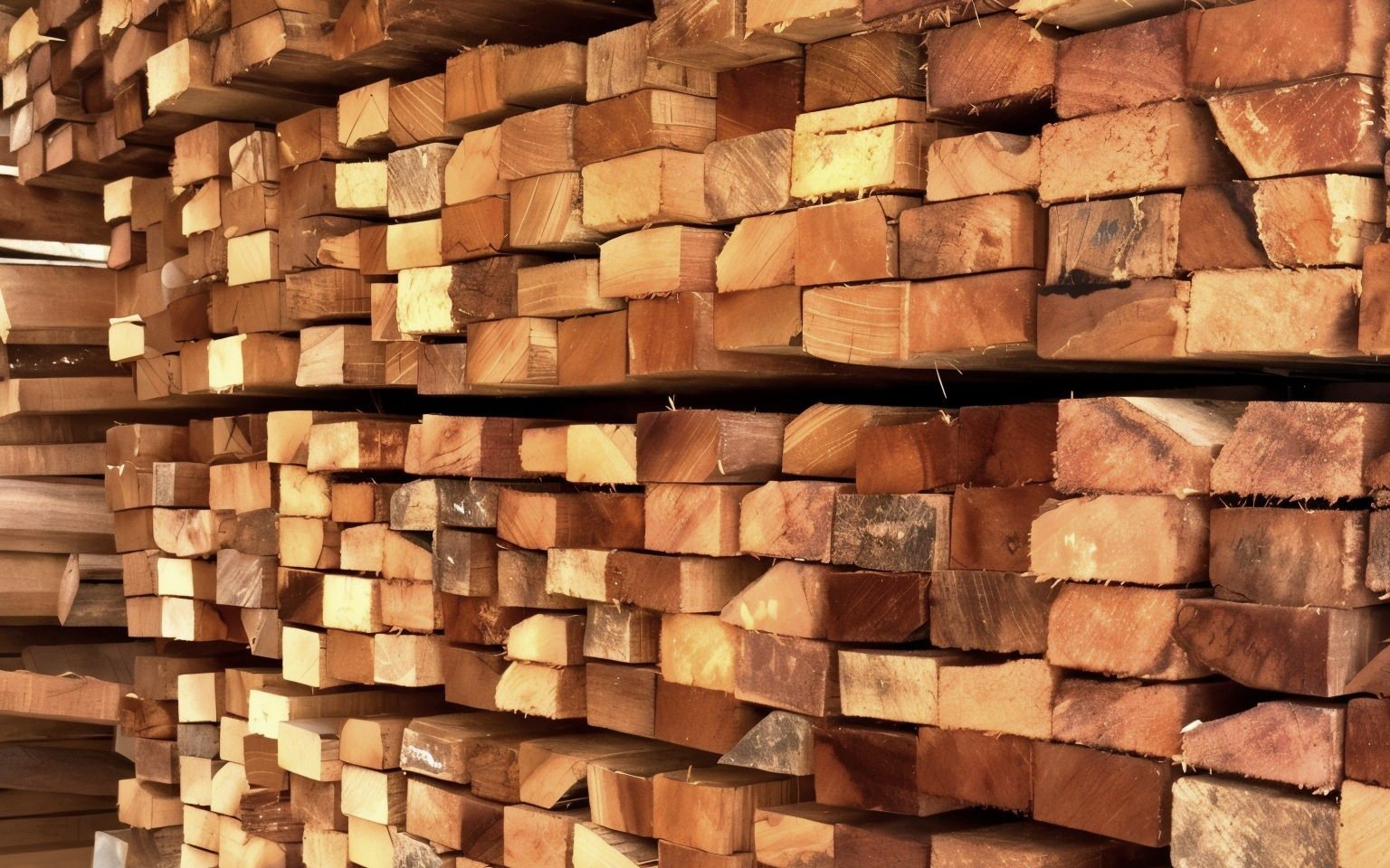 A wall of sawn hardwood timber stacked end-on at the Hang Soon yard, every section visible