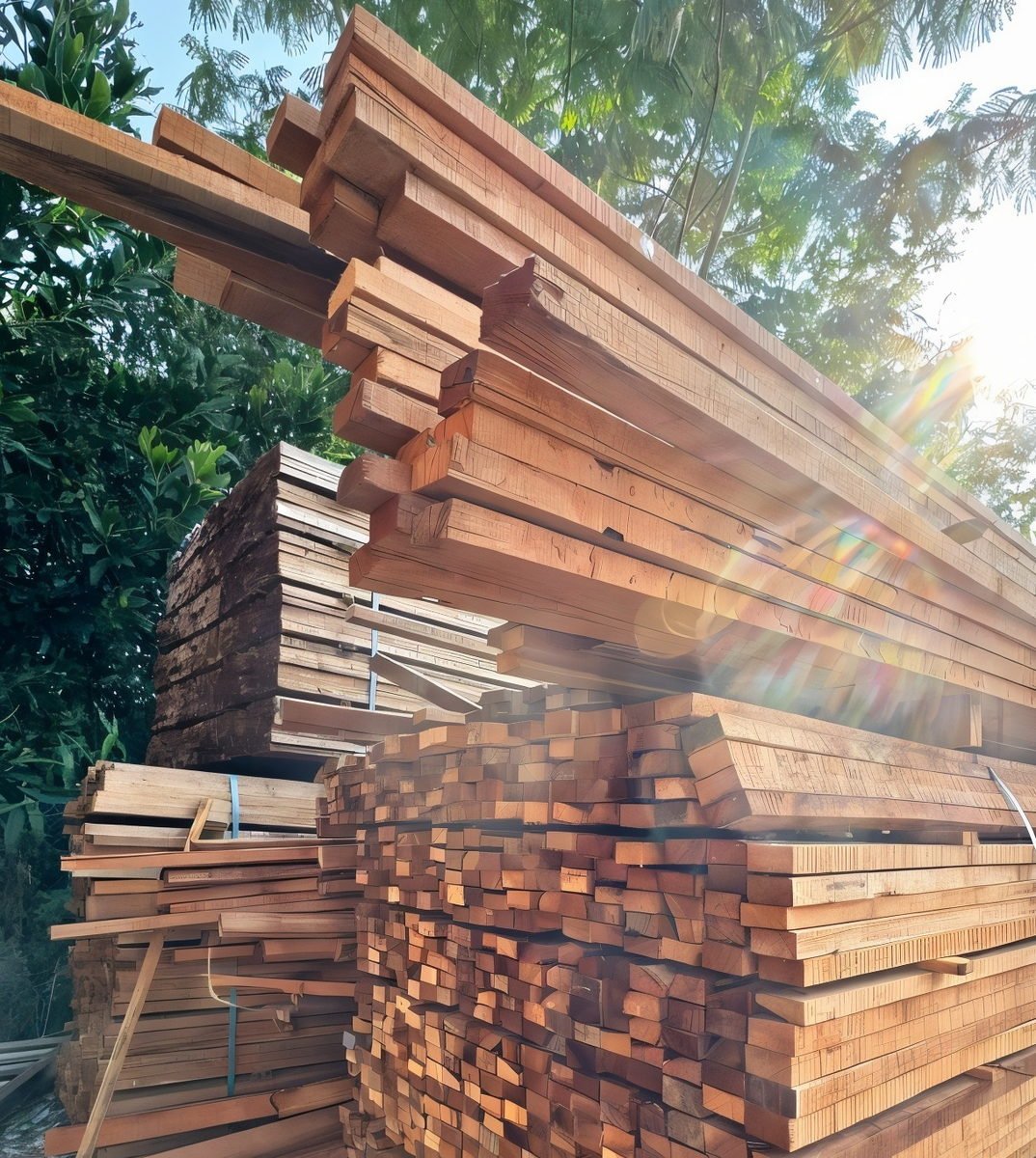 A tall stack of sawn hardwood in the Hang Soon yard under morning sun